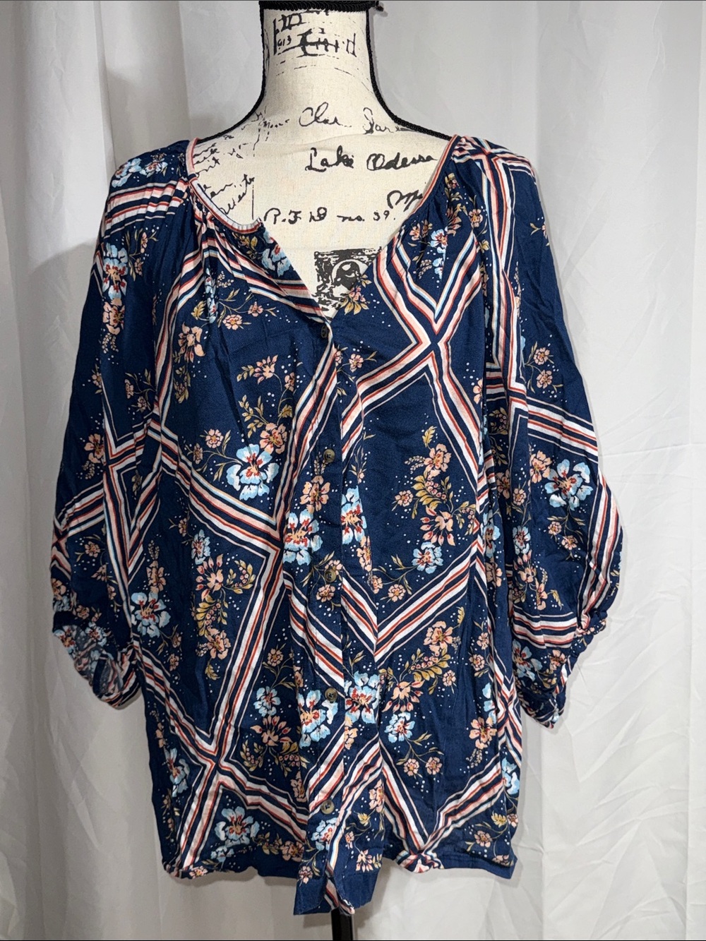LC Lauren Conrad Navy Floral & Stripe Peasant Blouse